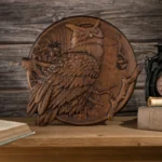 Handcrafted Wooden Owl Wall Plaque, 3D Relief Nature Decor, Rustic Round Wood Carving Art - Image 6