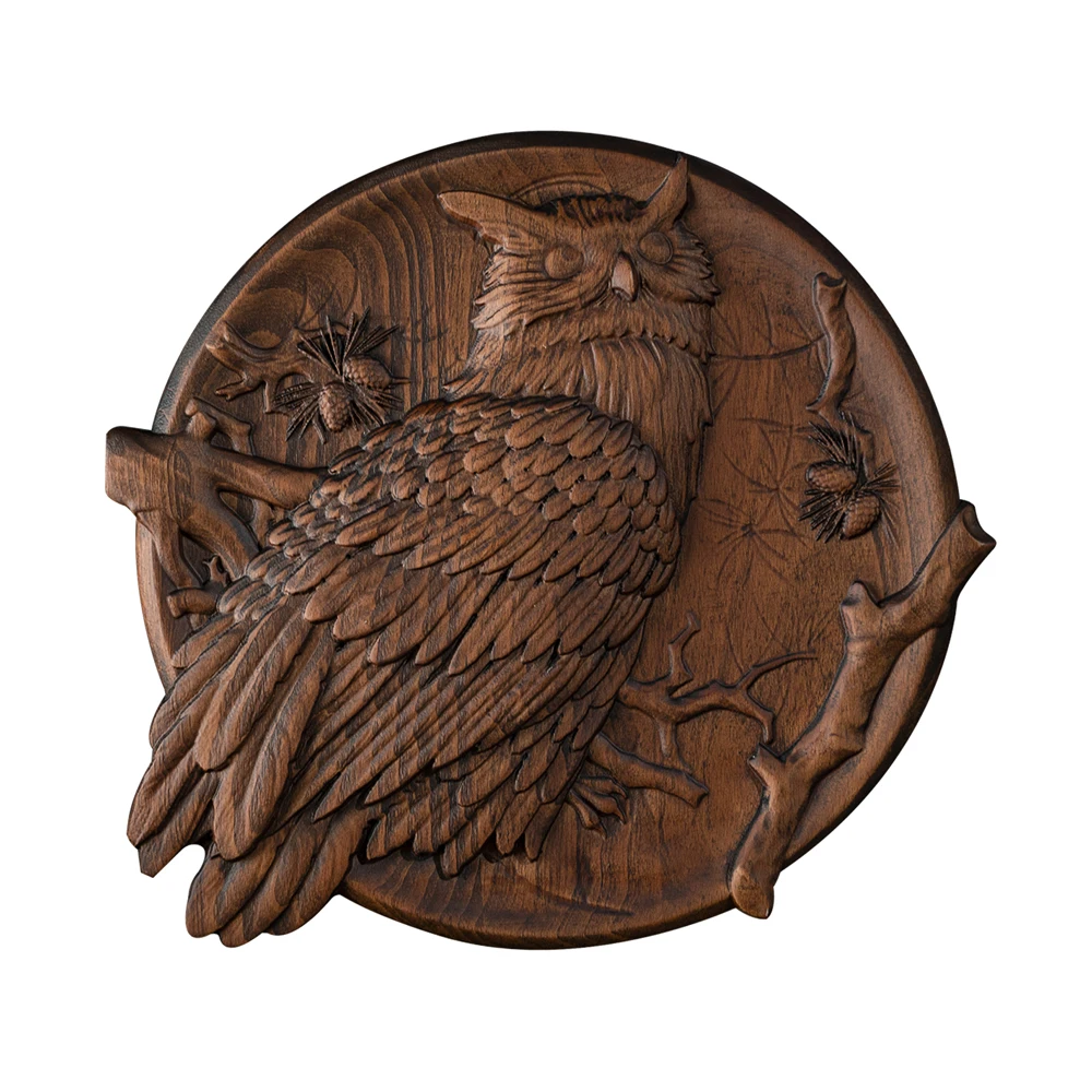 A7719d9b381fa4c12ad37a28b77209d1aH.webp Handcrafted Wooden Owl Wall Plaque, 3D Relief Nature Decor, Rustic Round Wood Carving Art - Image 1