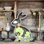 Eco-Friendly Folk Art Wood Craft Ornaments Bunny  Flower  Home Decorations  on Plywood - Image 4