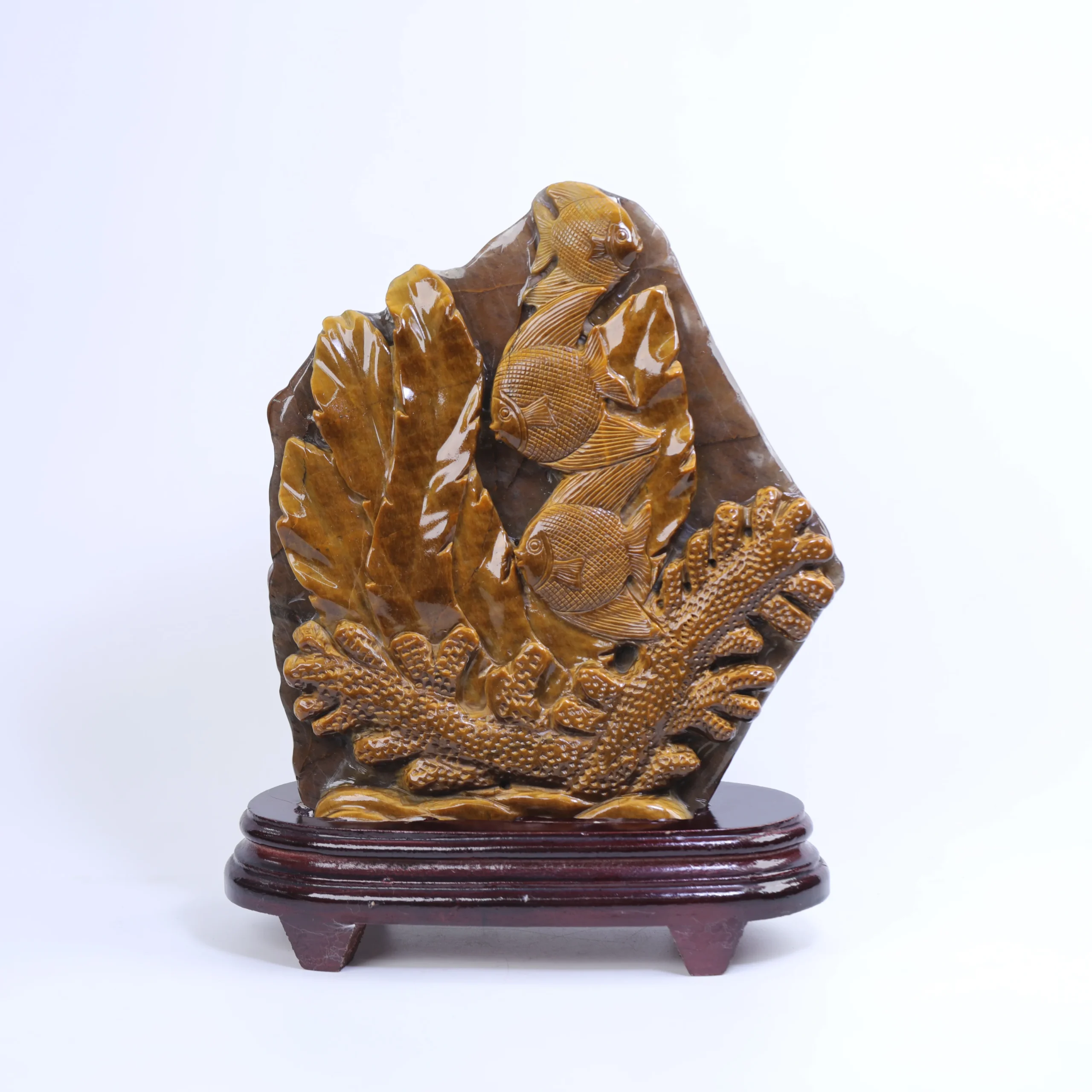Hdb0037fd6d804b7587b9063092a1ad25A.webp Hand-Carved Fish Artwork From Tiger's Eye - Exquisite Craftsmanship - Image 1