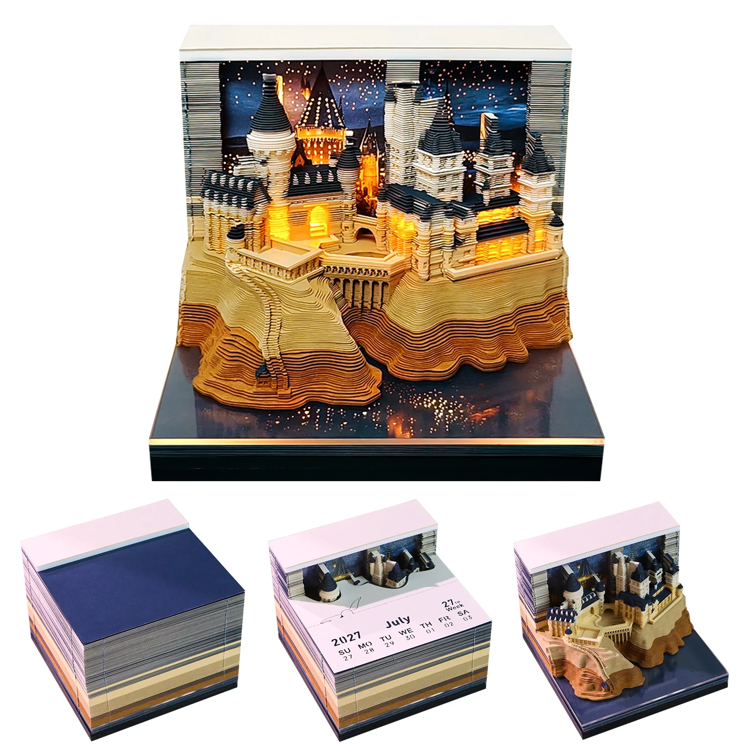 Hf04a596d6acf466cab180871b380967fn.webp 3D Magic Castle Memo Pad with LED Light, Handcrafted Paper Art Desk Decoration, Unique Gift for Office Home & Fantasy Lovers - Image 1